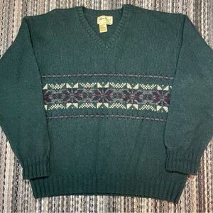 Vintage Eddie Bauer Made in USA Wool Blend Fair Isle V Neck Sweater Green M